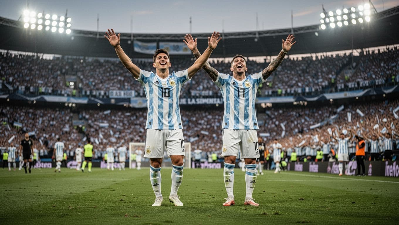 Pemain tim nasional Argentina merayakan gol di tengah lapangan hijau stadion besar yang terang benderang. Ribuan penonton bersorak di tribun saat pemain utama menunjukkan ekspresi kegembiraan yang penuh semangat setelah berhasil mencetak angka.