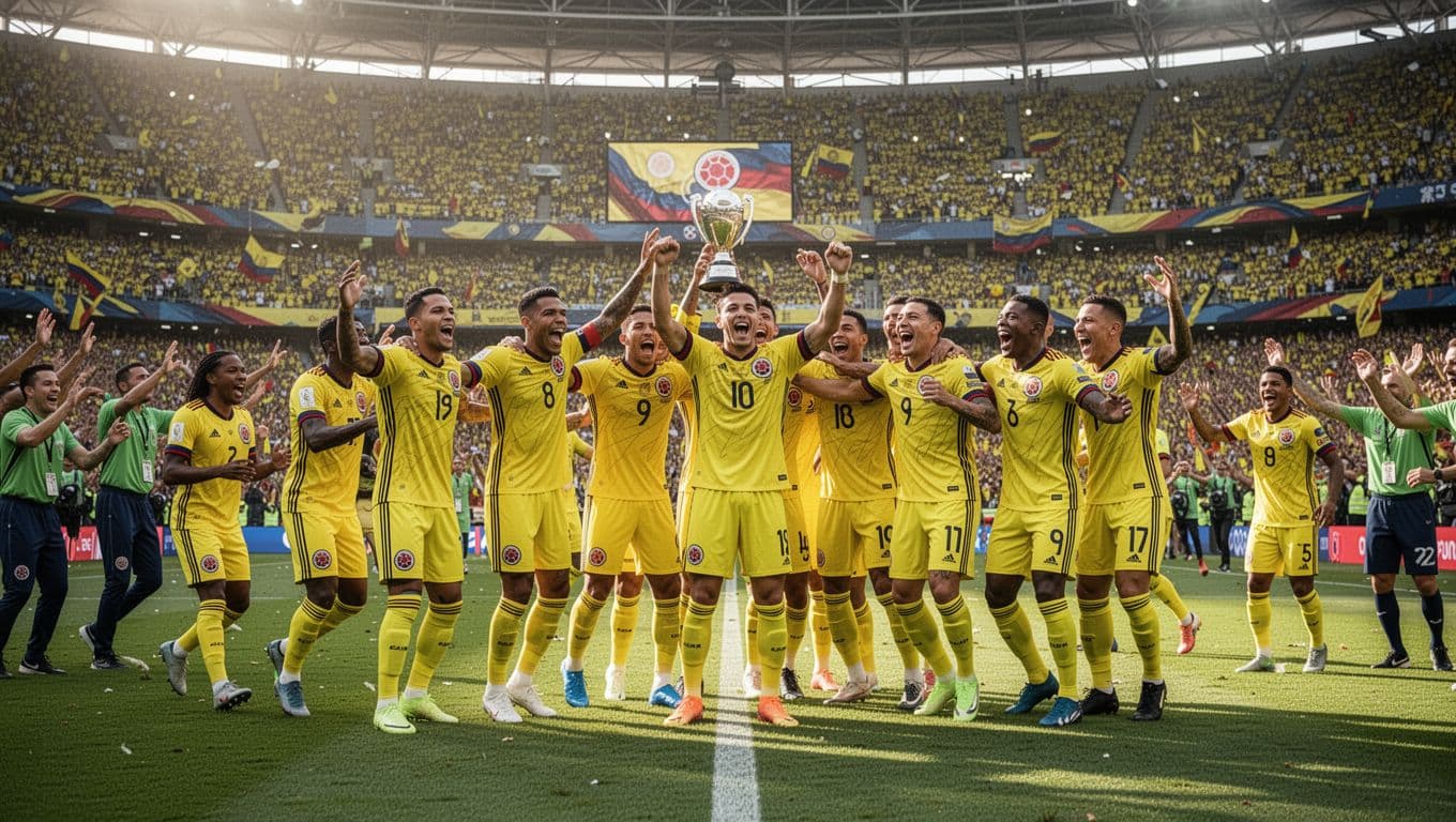 Para pemain sepak bola tim nasional Kolombia mengenakan seragam kuning merayakan kemenangan di tengah lapangan stadion yang megah. Ribuan penonton di tribun terlihat antusias memberikan sorakan penuh kegembiraan dan semangat positif.