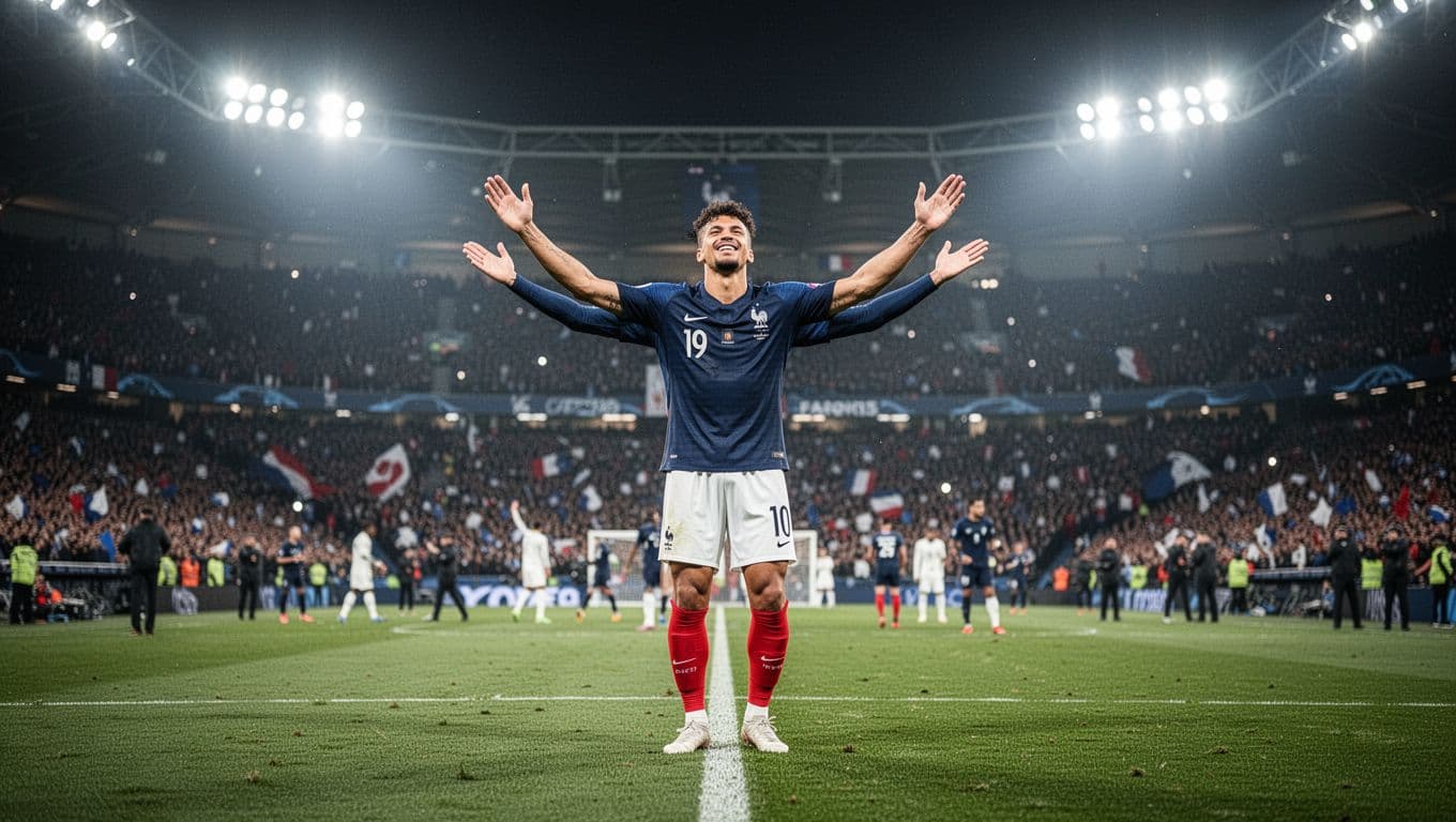 Seorang pemain sepak bola mengenakan jersey biru Prancis dengan ekspresi penuh sukacita di tengah lapangan hijau stadion. Lampu sorot stadion yang terang menyinari atmosfer pertandingan yang sangat dramatis dan penuh semangat.