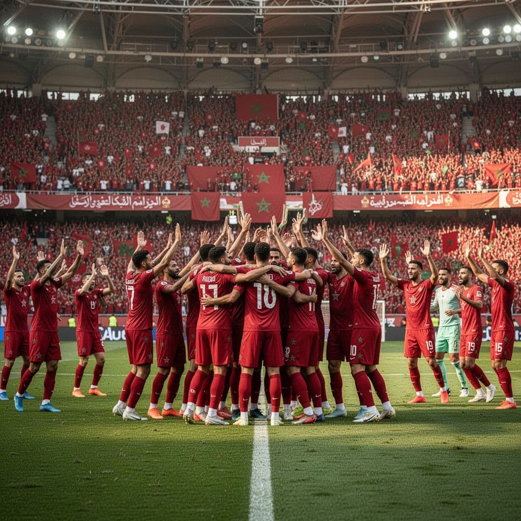 Para pemain sepak bola tim nasional Maroko terlihat bersukacita merayakan kemenangan dramatis di tengah lapangan stadion yang megah. Ribuan penonton bersorak di latar belakang menciptakan atmosfer emosional yang penuh dengan kegembiraan luar biasa.