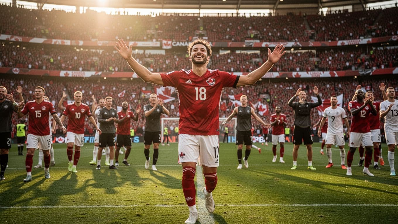 Para pemain sepak bola Kanada bersorak gembira di tengah lapangan stadion setelah pertandingan berakhir. Latar belakang memperlihatkan tribun penonton yang penuh sesak di bawah sorotan cahaya matahari sore yang hangat.