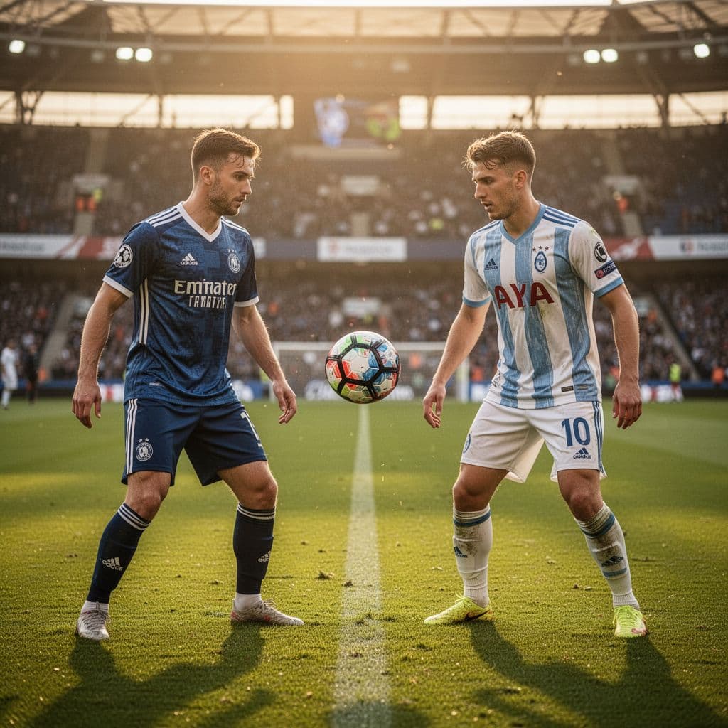 Two professional football players compete for the ball on a grass pitch during a sunset match.