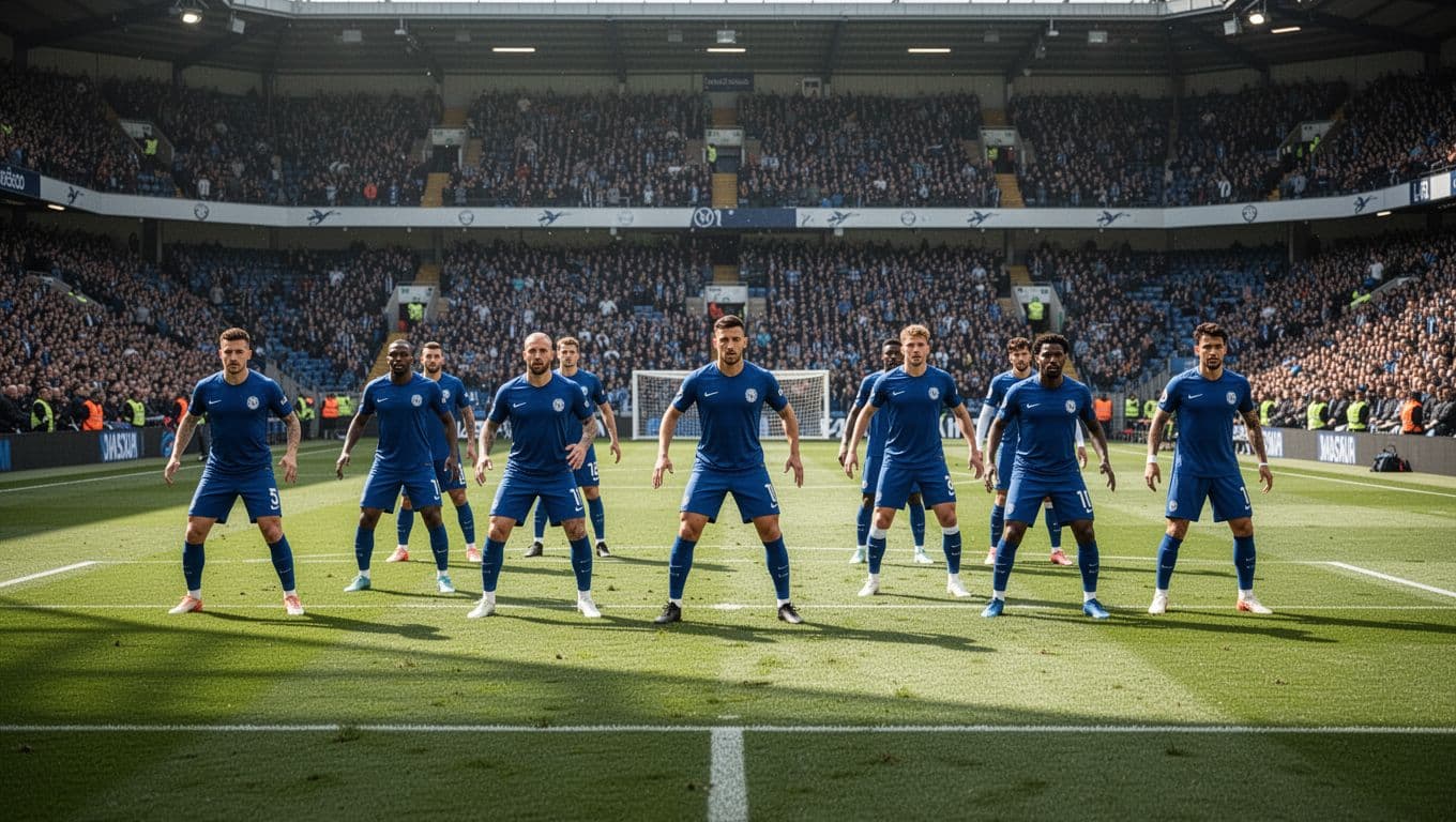 Persebaya Surabaya players in blue jerseys press high in 4-3-3 formation on away soccer field with stadium crowd.