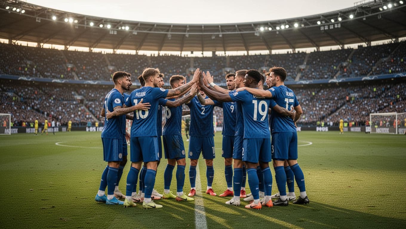 Eleven Persebaya Surabaya players in blue jerseys huddle with high fives on green field, fans in distant stadium stands under evening light.