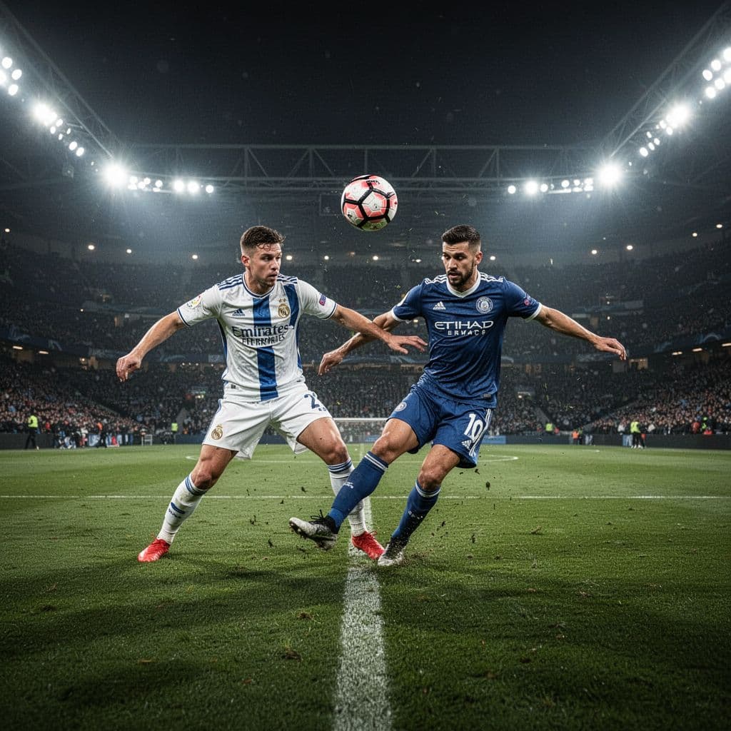 Two professional soccer players from opposing teams compete for ball possession on a brightly lit grass pitch.