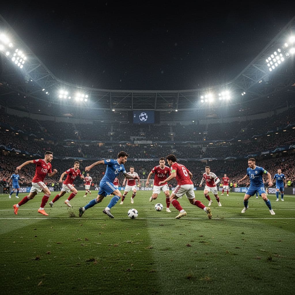 Two professional football teams compete in a high-stakes night match inside a brightly lit stadium.