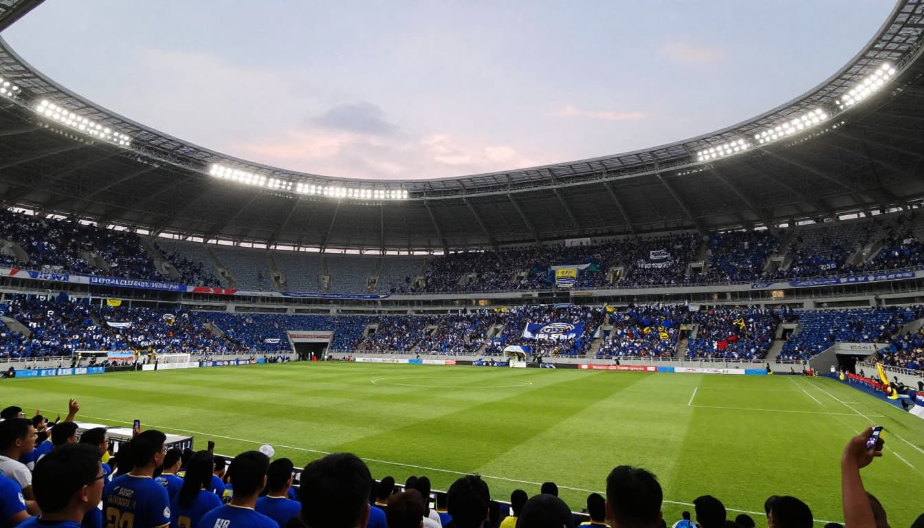 A massive Indonesian stadium filled with cheering fans in blue jerseys during a crucial championship match.