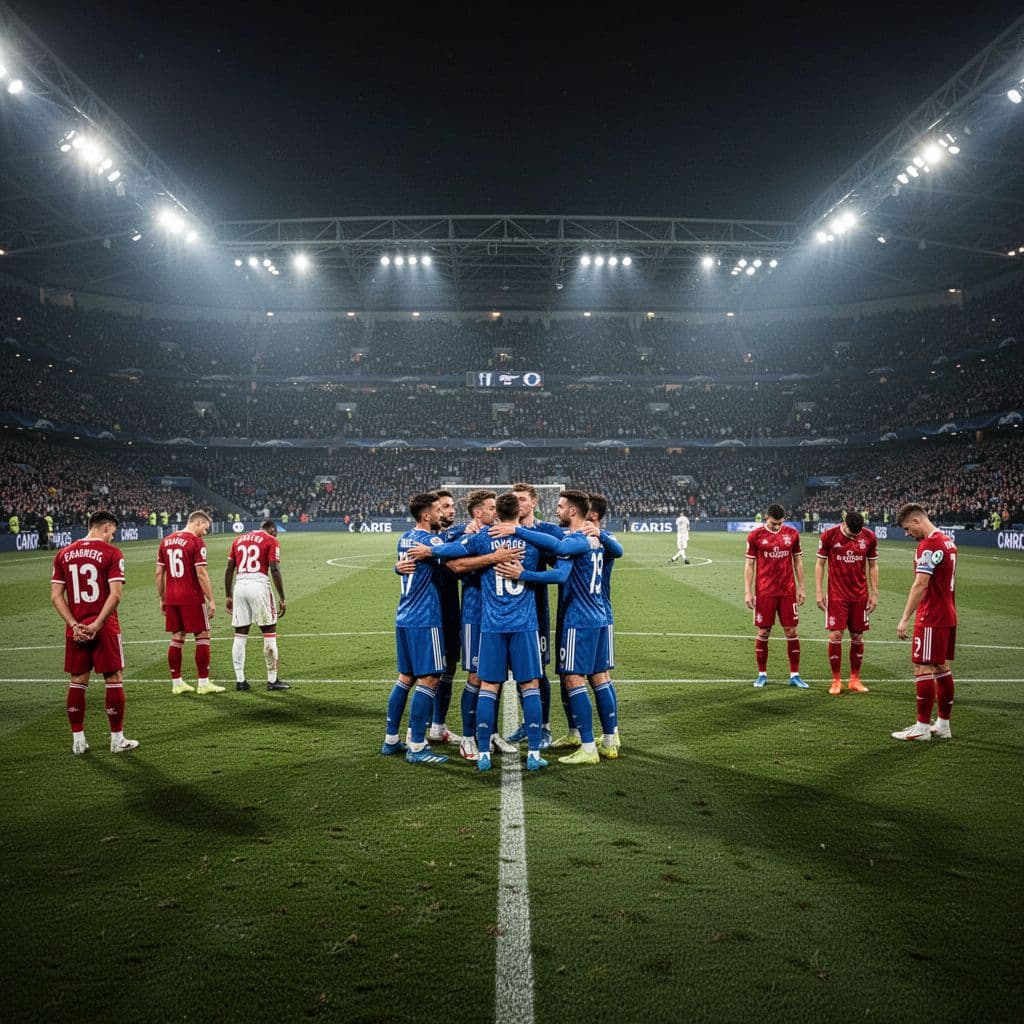 Persib players in blue jerseys celebrate on the pitch while PSM players in red look dejected.