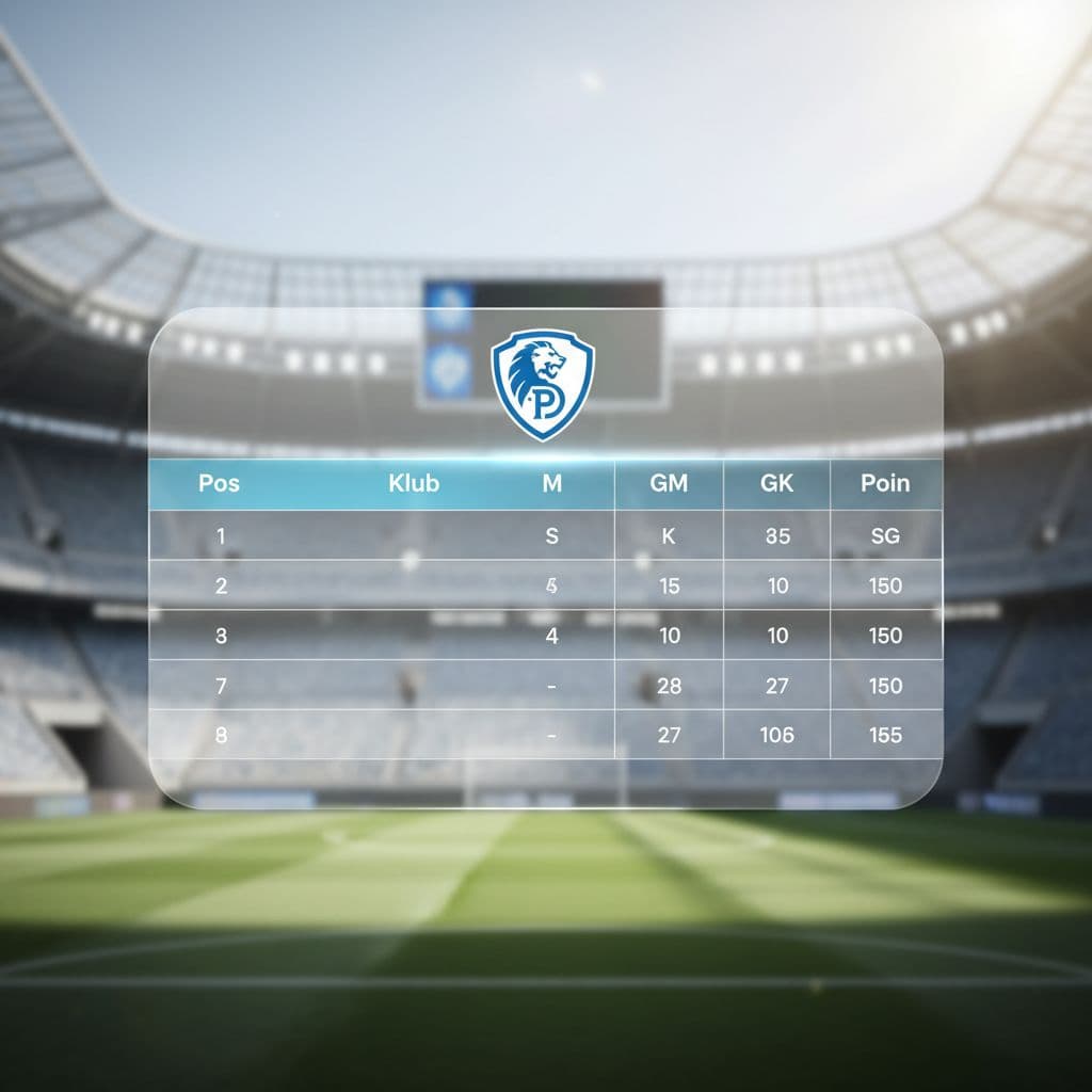 A clean league table graphic with a highlighted row and a single team badge against a stadium backdrop.