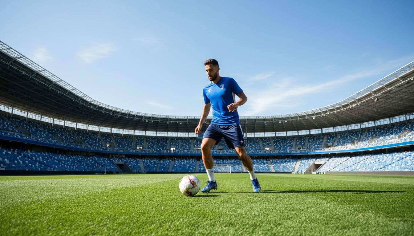 A focused football player in a blue uniform practices alone on a bright, empty professional stadium pitch.