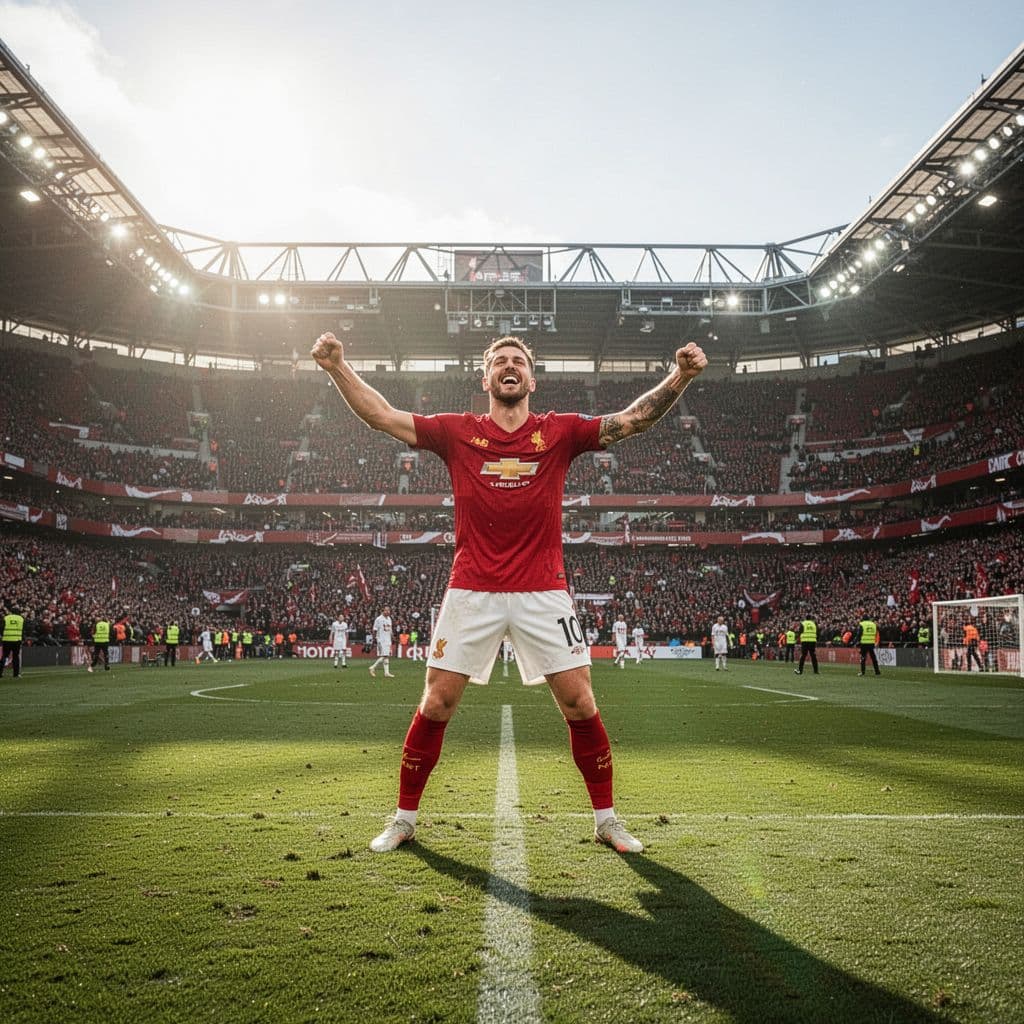 A Persija Jakarta football player celebrates a victory on a sunny pitch after securing a lead.