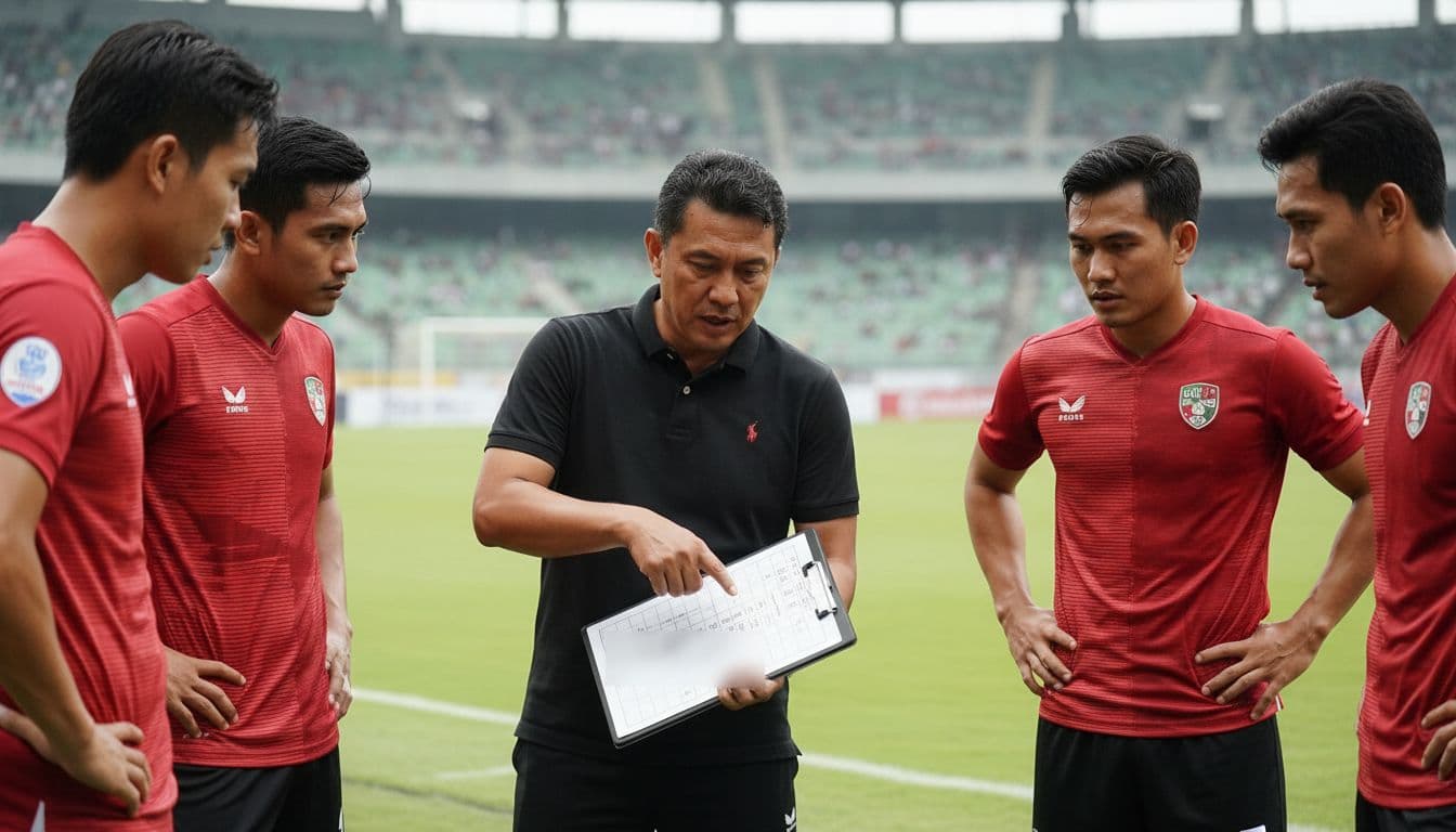 Five Persija Jakarta players huddle with coach on sideline, pointing at blurred stats on clipboard against green stadium pitch.