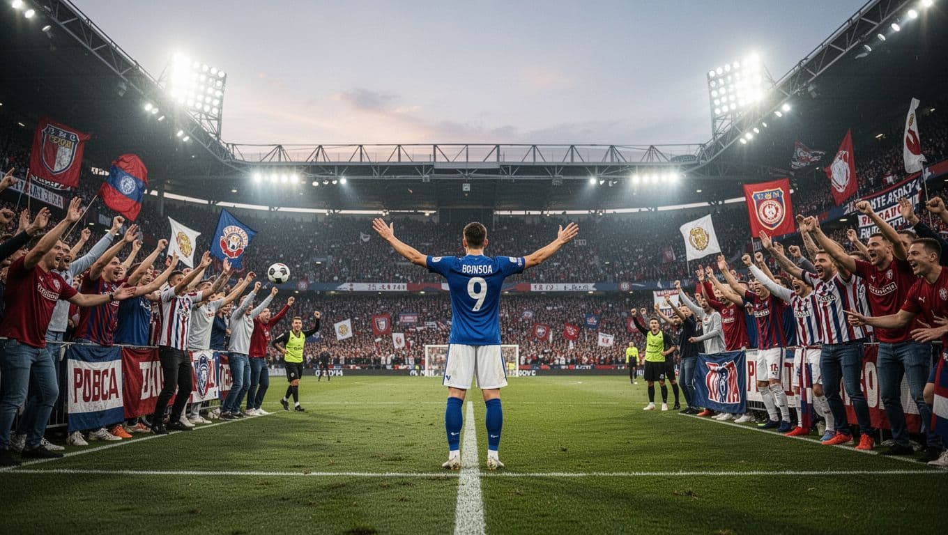 Soccer players from Persija Jakarta and Persib Bandung in action on field under floodlights, one player celebrates goal amid cheering crowd.