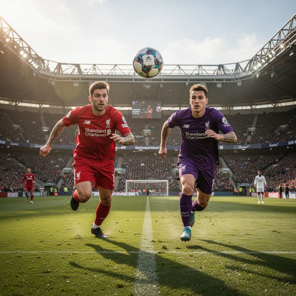 Two professional soccer players compete for control of the ball on a sunlit stadium pitch.