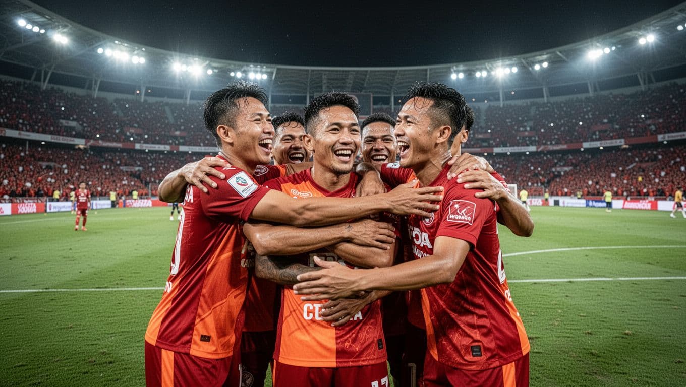Five to seven Persija players in red-orange jerseys hug joyfully on the green pitch under stadium floodlights, with cheering supporters in the stands.