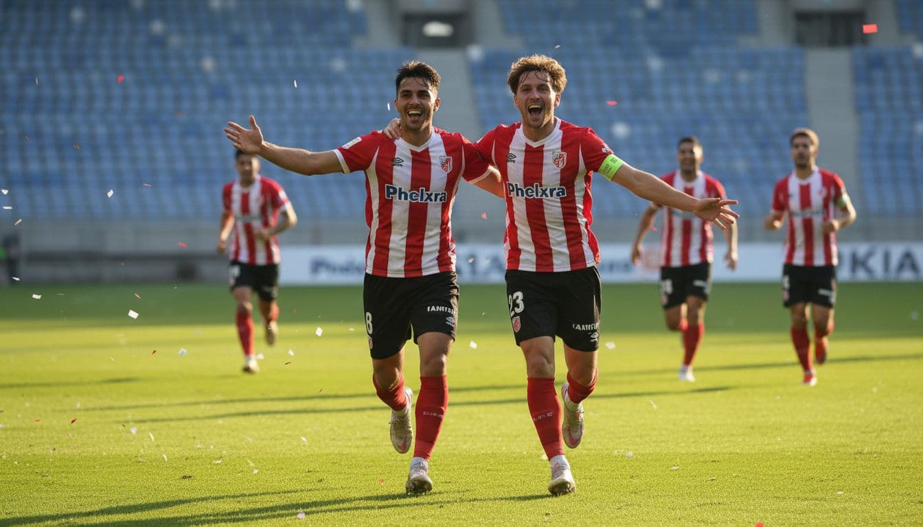 Borja Martinez and Iker Guarrotxena celebrate a goal on green pitch with teammates in background.