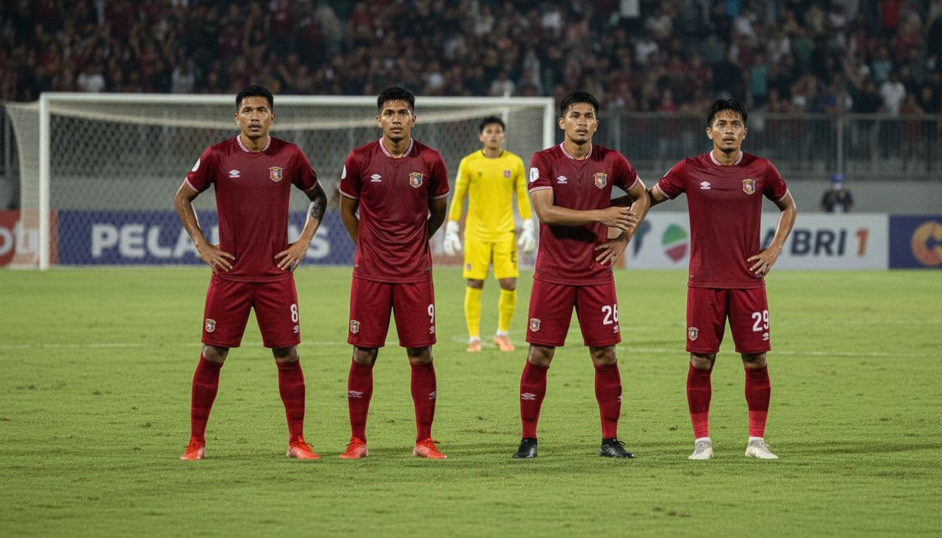 Four Persijap Jepara defenders in red jerseys form tight backline in front of goalkeeper on night-lit green pitch.