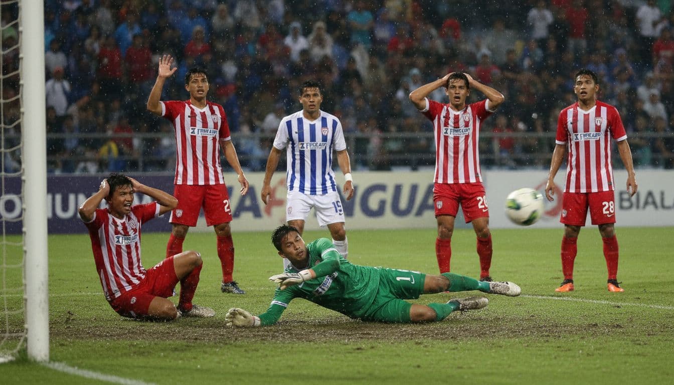 Opponent scores past goalkeeper on rainy pitch as four Persijap Jepara defenders raise arms in despair.