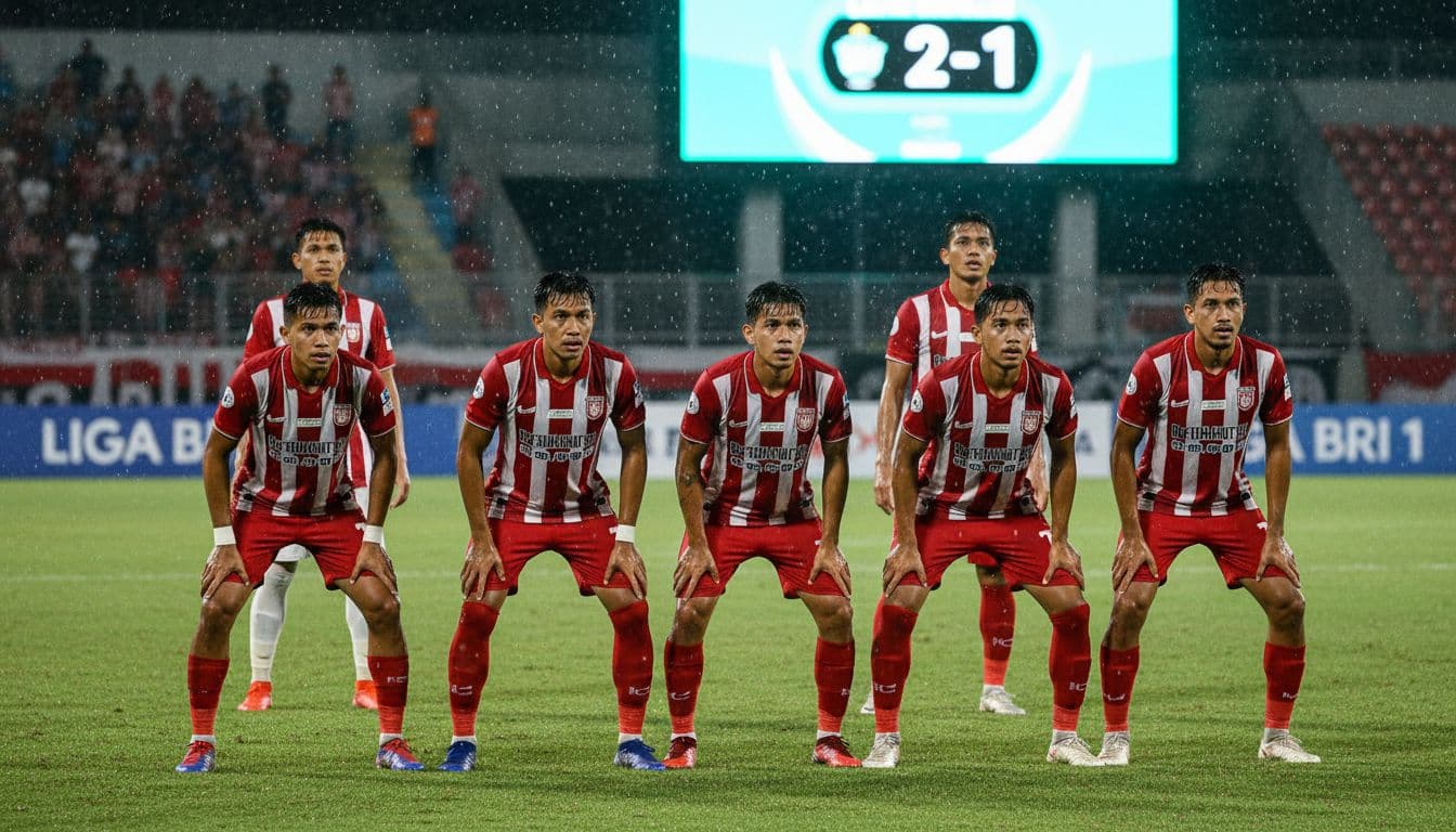 Six Persijap Jepara players in tight defensive formation on wet pitch, scoreboard shows 2-1 lead.
