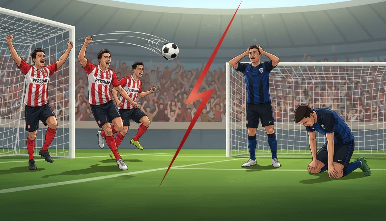 Three Persijap players celebrate scoring goal with raised arms on green pitch, three opponents frustrated with hands on heads in split stadium view.