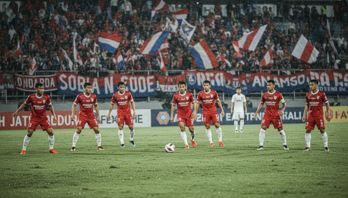 Persijap Jepara players focus on pitch amid hostile crowd waving flags in rainy stadium.