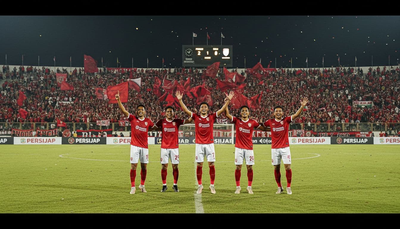Five Persijap Jepara players raise arms celebrating win before packed Gelora Bumi Kartini stands with cheering fans waving red flags.