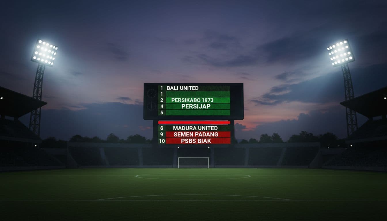 Stadium scoreboard displays mid-table standings with Persijap safely above red relegation zone under spotlights.