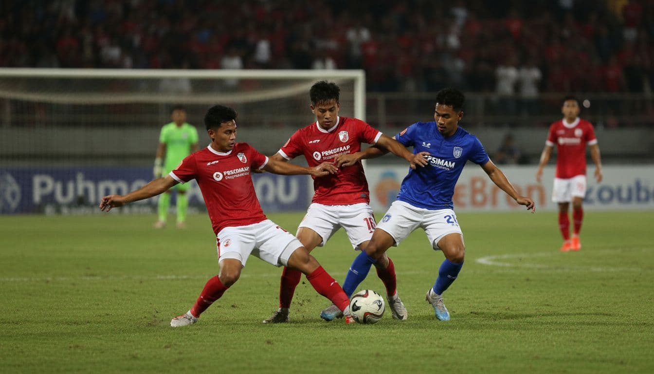 Two Persijap players in red jerseys tackle two PSIM players in blue near the goal on floodlit night pitch with blurred fans.
