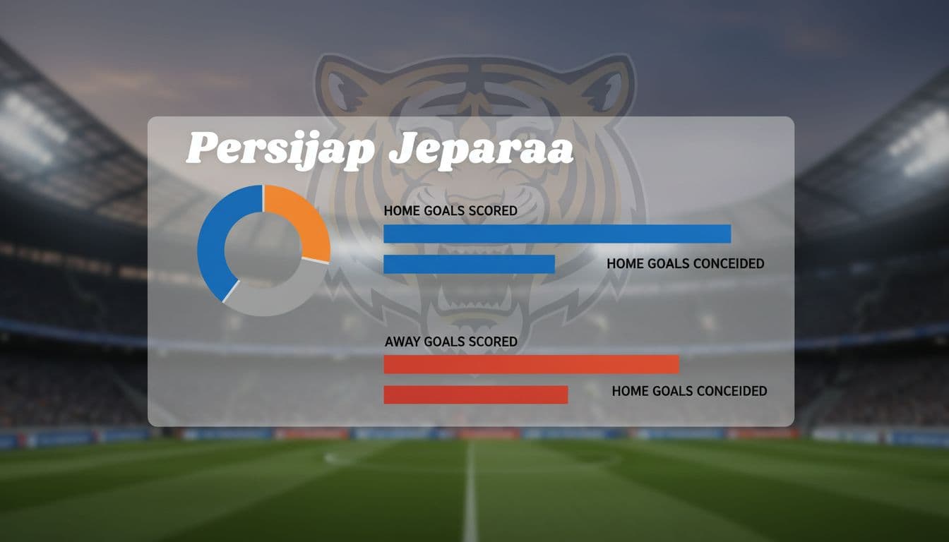 Clean dashboard shows Persijap win-draw-loss pie chart and home-away goals scored-conceded bars on dim stadium background.