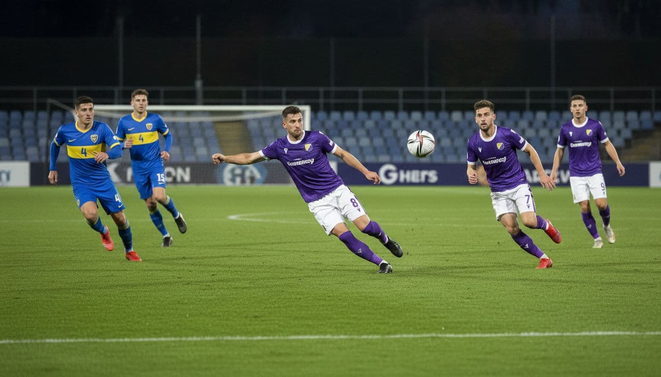 Midfielder passes long ball to winger crossing into box as striker waits under evening stadium lights.