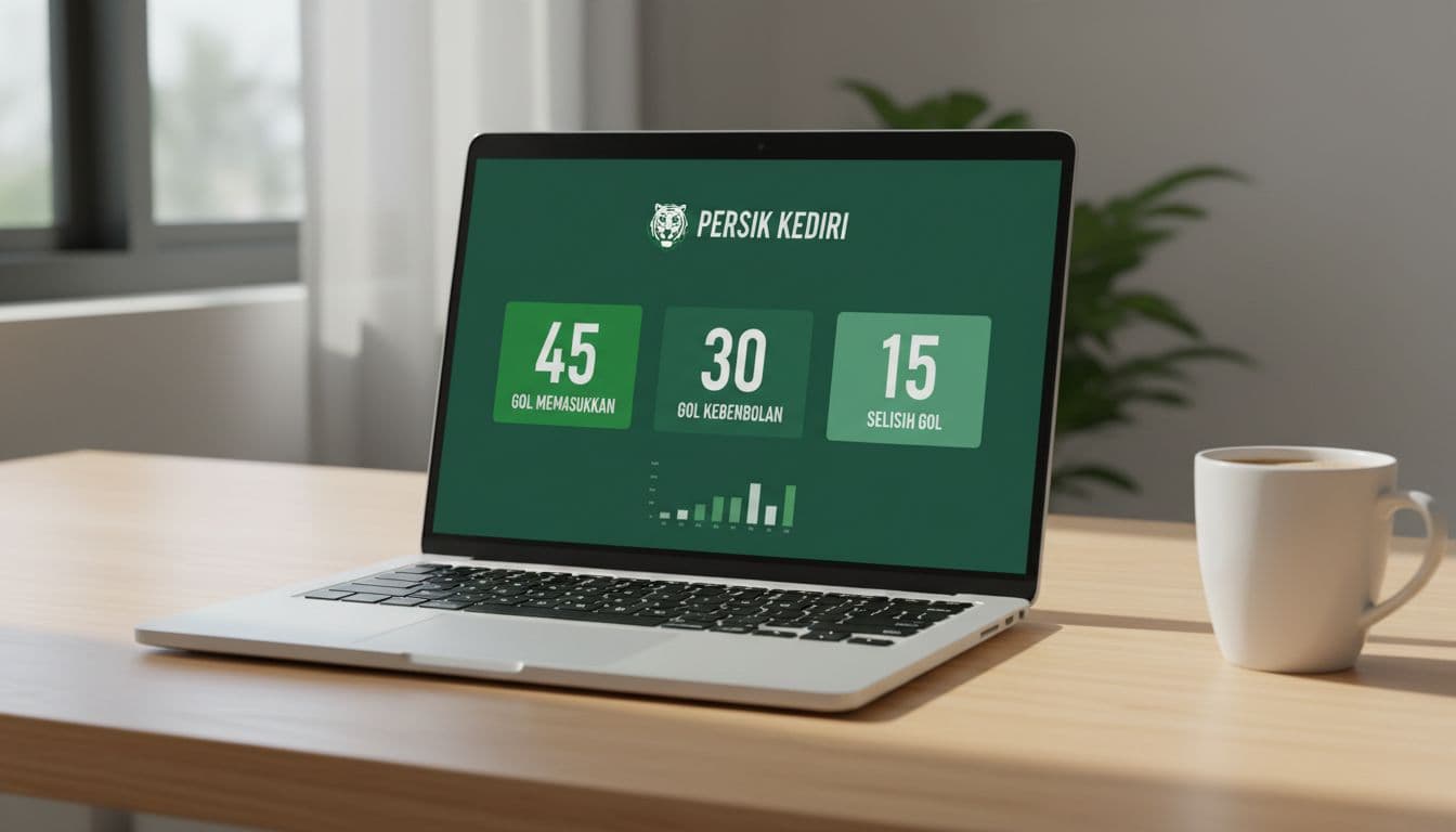 Laptop on wooden desk shows Persik Kediri soccer goal stats dashboard in green with coffee mug nearby.