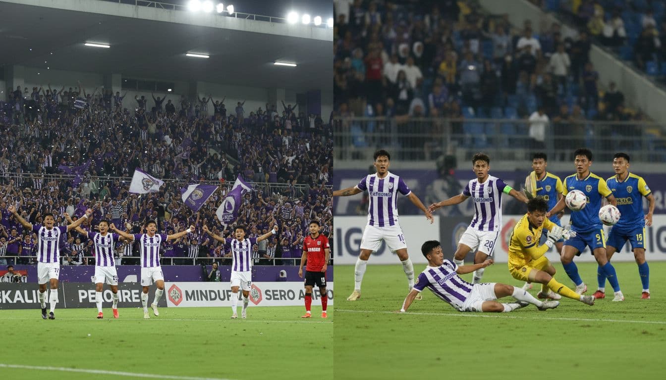 Split image with cheering home stadium crowd for Persik Kediri on left and tense away defense on right, 22 players on green pitch under vibrant lights.