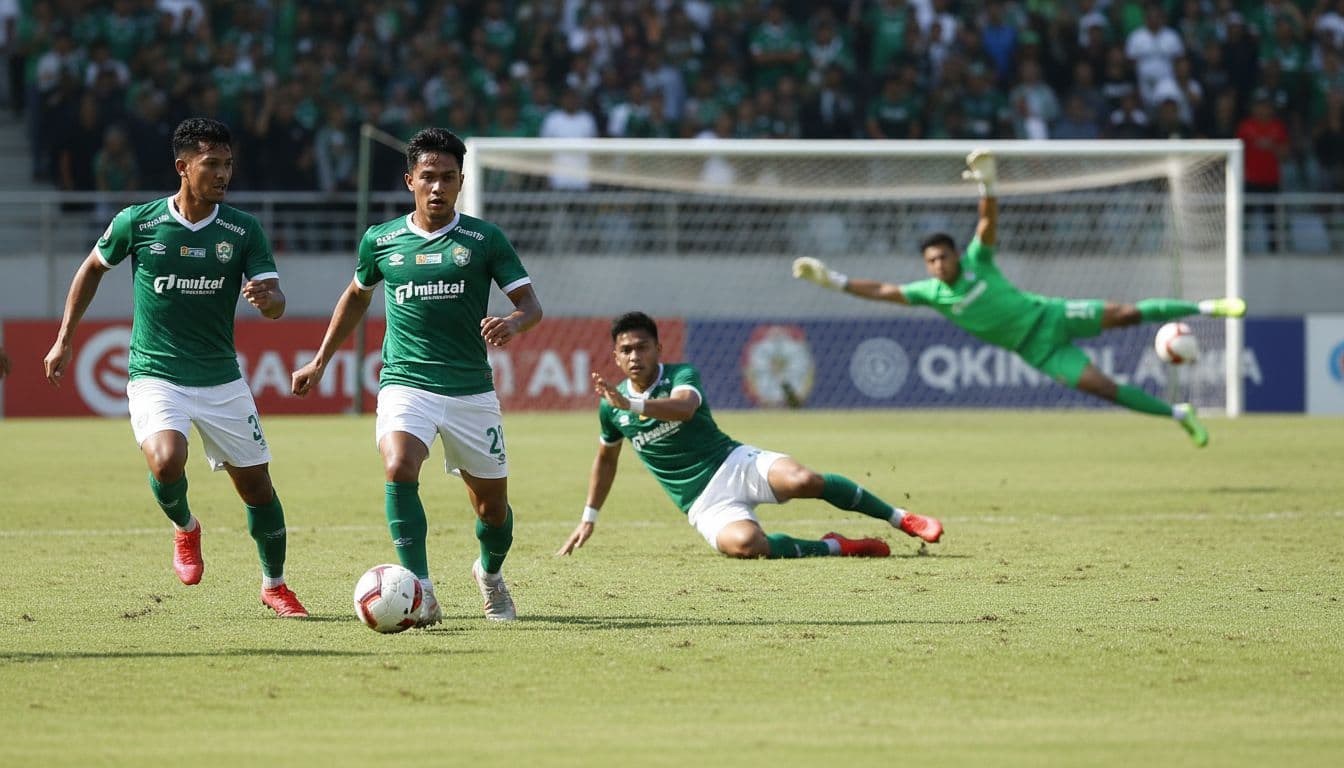 Persik Kediri players in green jerseys: striker charges forward, midfielder controls ball, center back tackles, goalkeeper stretches for save on green pitch with blurred crowd.