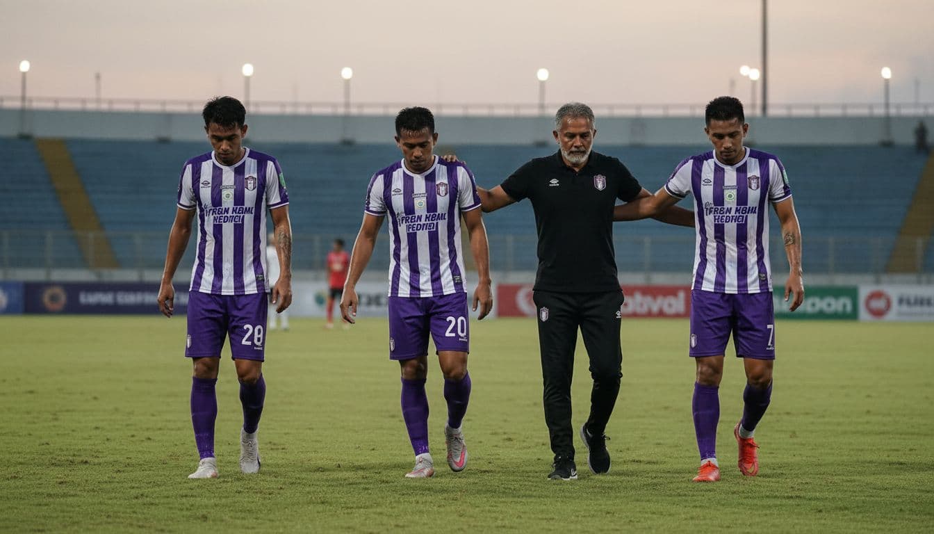Persik Kediri players and coach walk off green pitch heads down, disappointed yet determined faces under stadium lights at dusk.
