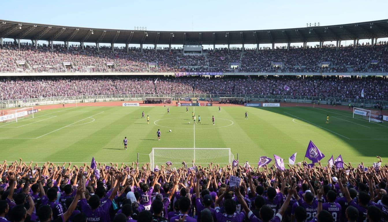 Stadion Brawijaya packed with cheering Persik Kediri supporters during Liga 1 soccer match, bright green field on sunny day.