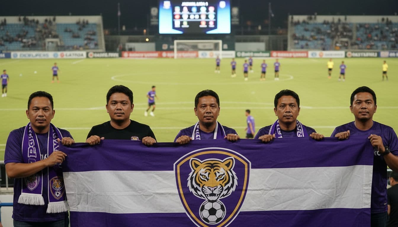 Close-up of five to seven enthusiastic Persik Kediri supporters holding team banner in Brawijaya Stadium stands, players warming up on field behind.