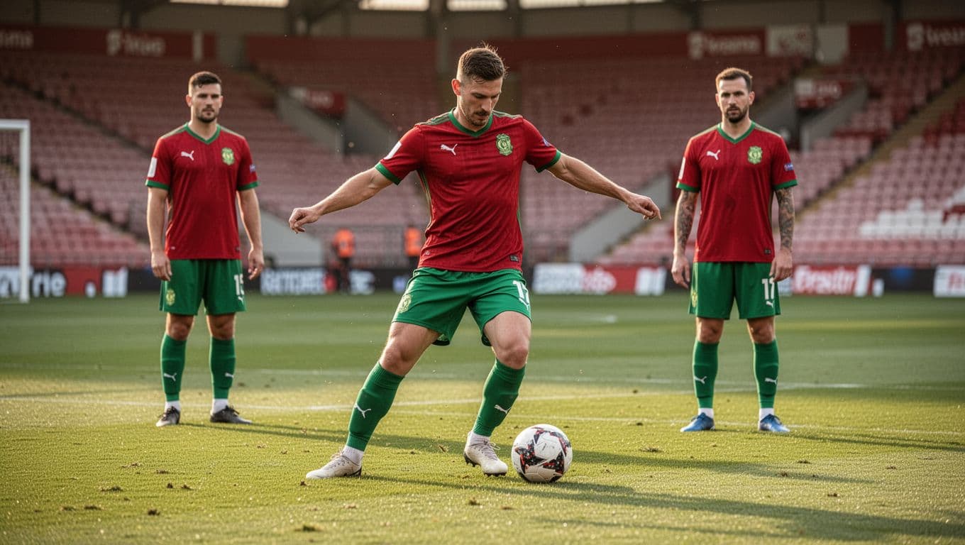 Persik Kediri player in red-green jersey kicks soccer ball on Stadion Brawijaya's green field, two teammates relaxed in background, empty stands.
