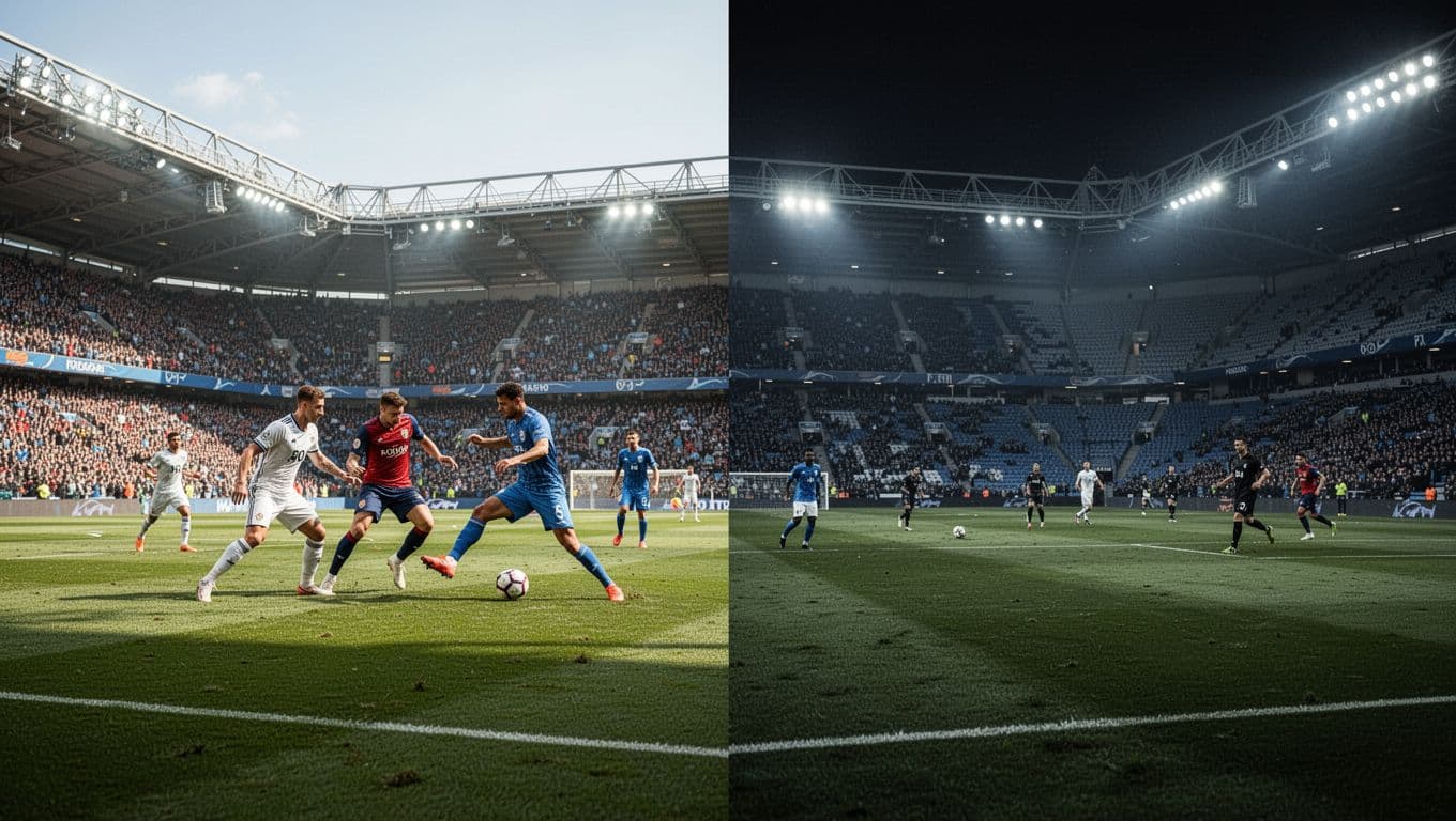 Split view shows Persita Tangerang home game in sunny stadium with cheering crowd beside away night match with tense atmosphere and empty stands.