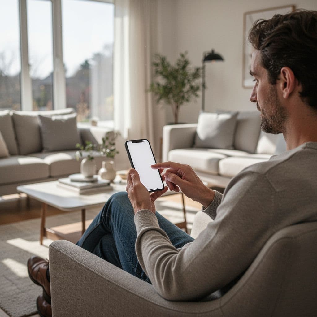 A person views a football schedule on a smartphone in a bright modern living room.