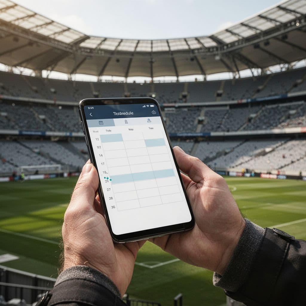 Person holds smartphone showing clean interface with football match dates, stadium in background.