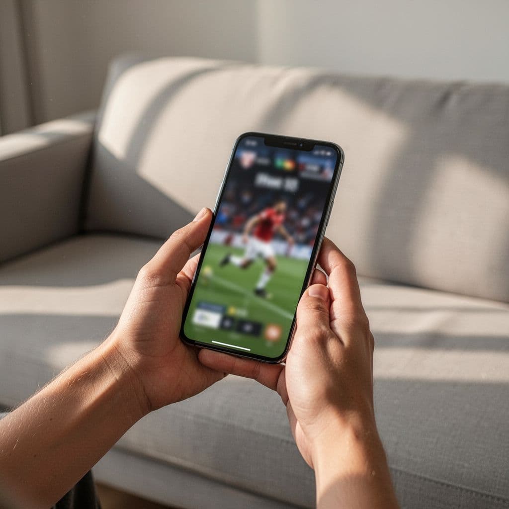 A person holds a smartphone displaying blurred sports content in a bright living room.