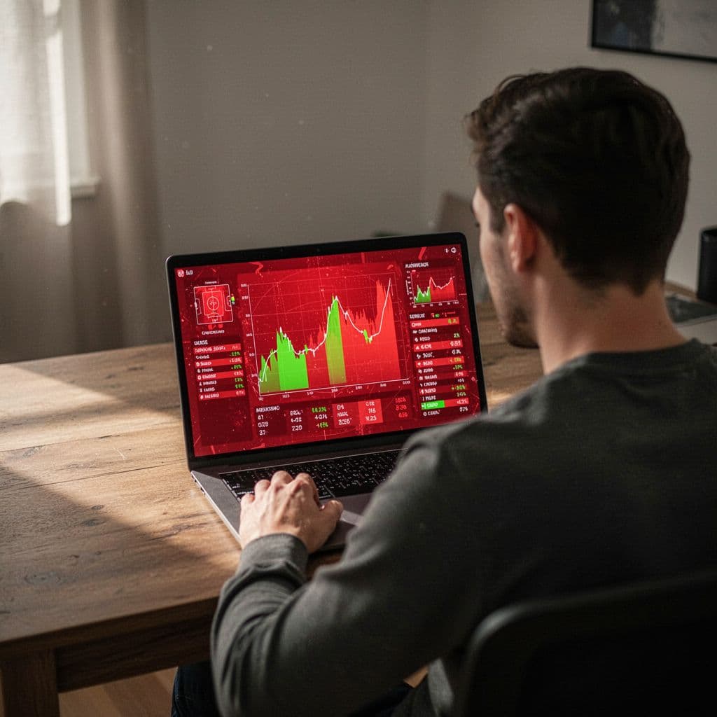 Person at desk views laptop screen with abstract red and green football charts from behind.