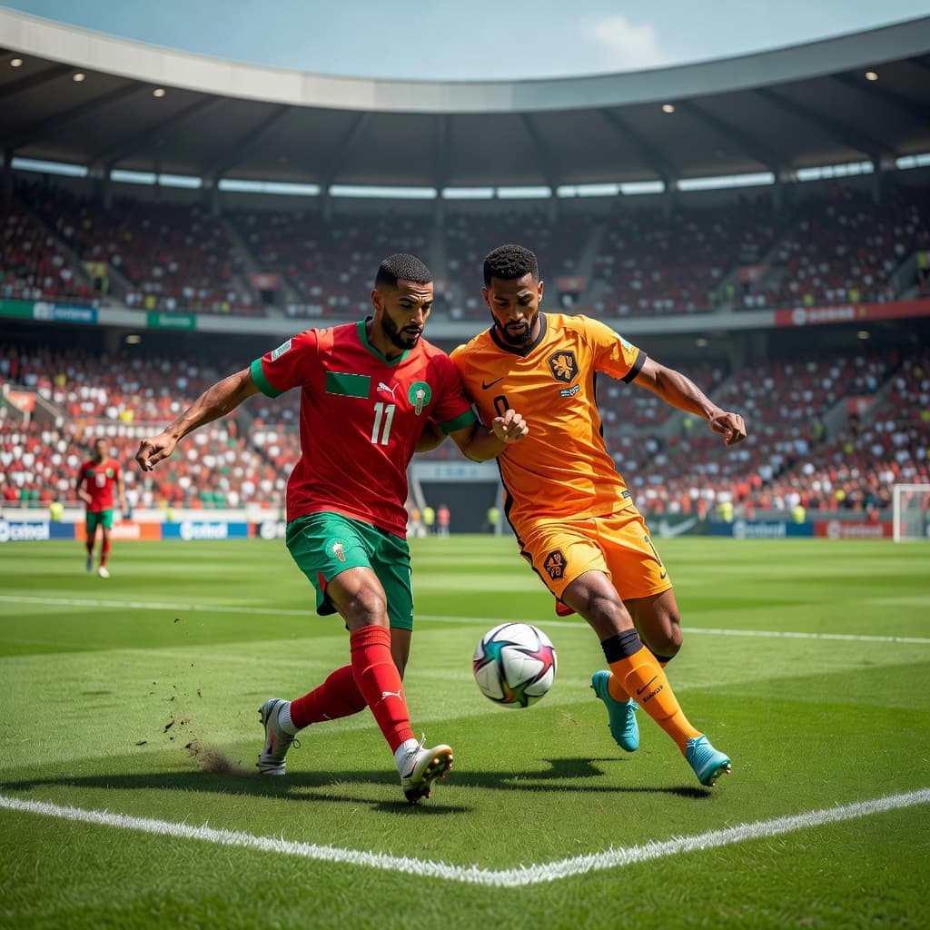 Seorang pesepak bola Maroko berseragam merah hijau menjaga ketat pemain Belanda berkaus oranye di tengah lapangan rumput yang terawat. Latar belakang memperlihatkan stadion megah yang dipenuhi penonton dalam atmosfer pertandingan intens.