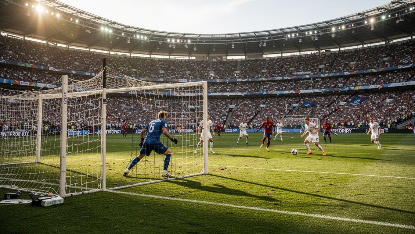 Pemain bertahan menjaga posisi rapat di depan gawang saat laga internasional berlangsung di stadion besar. Rumput lapangan hijau terlihat terang di bawah sinar matahari sore yang hangat dan sangat cerah.