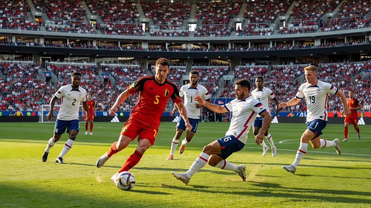 Pemain timnas Belgia berseragam merah menggiring bola di lapangan rumput Lumen Field yang luas. Beberapa pemain Amerika Serikat berkaus putih berusaha mengejar untuk melakukan pertahanan ketat di tengah stadion yang ramai.