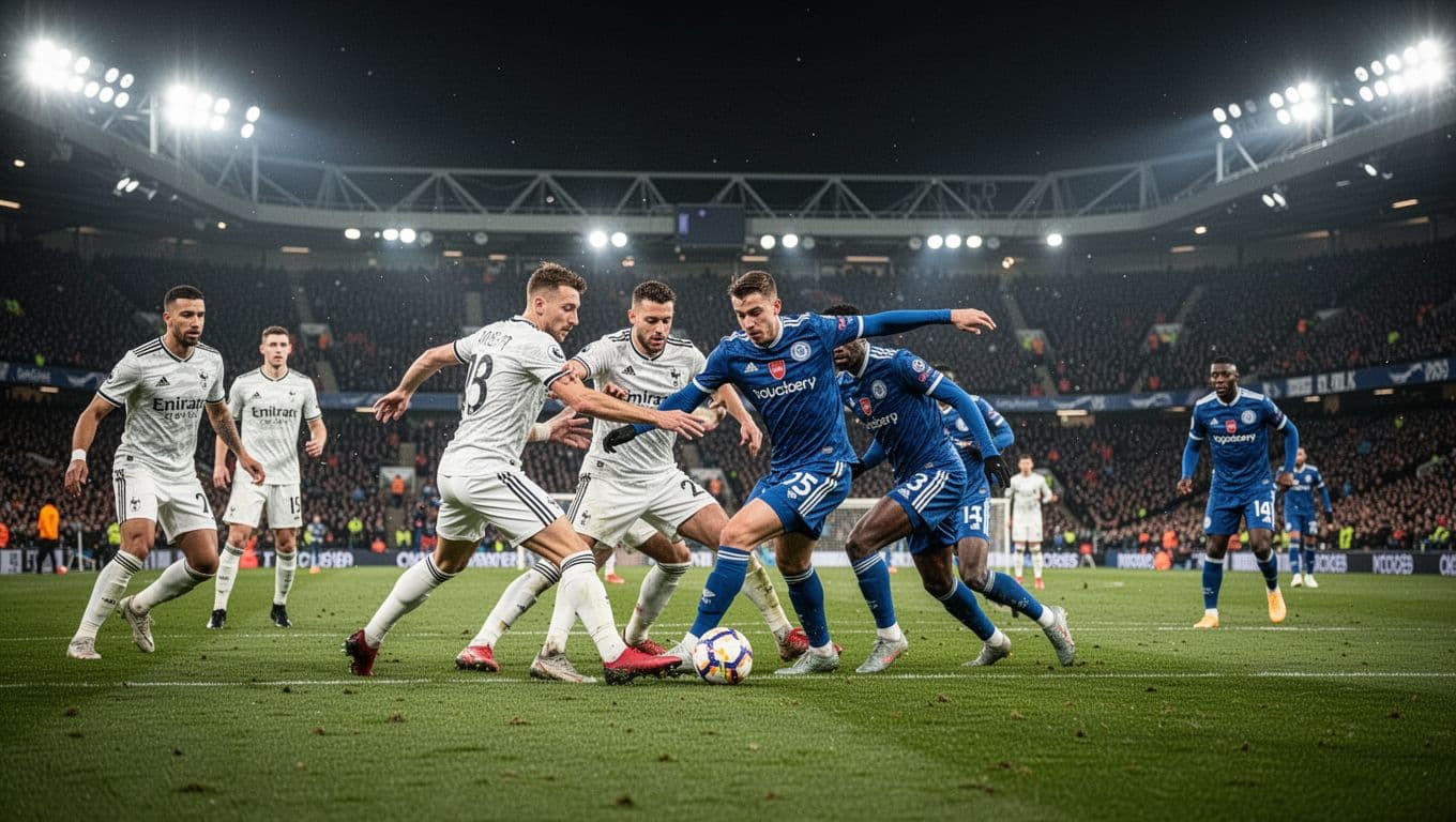 Pemain tim berbaju putih dan biru berebut bola di tengah lapangan stadion yang megah. Cahaya lampu sorot yang terang menerangi rumput hijau saat atmosfer pertandingan malam hari terasa sangat menegangkan.