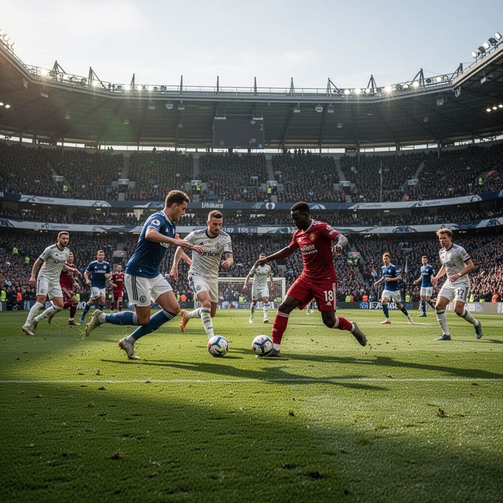 Pemain sepak bola bersaing memperebutkan bola di area tengah lapangan rumput hijau stadion. Pencahayaan lampu sorot yang terang menonjolkan aksi atletis dan konsentrasi tinggi para pemain saat menjalankan strategi tim.