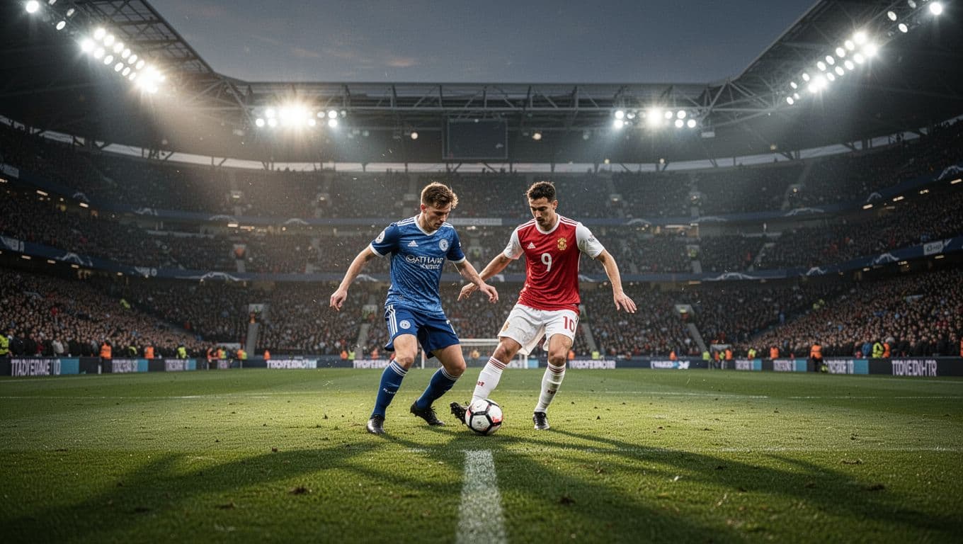 Dua pemain sepak bola profesional berebut bola di tengah lapangan rumput hijau yang basah. Stadion besar terlihat sangat megah di bawah lampu sorot terang dengan atmosfer penonton yang sangat intens.