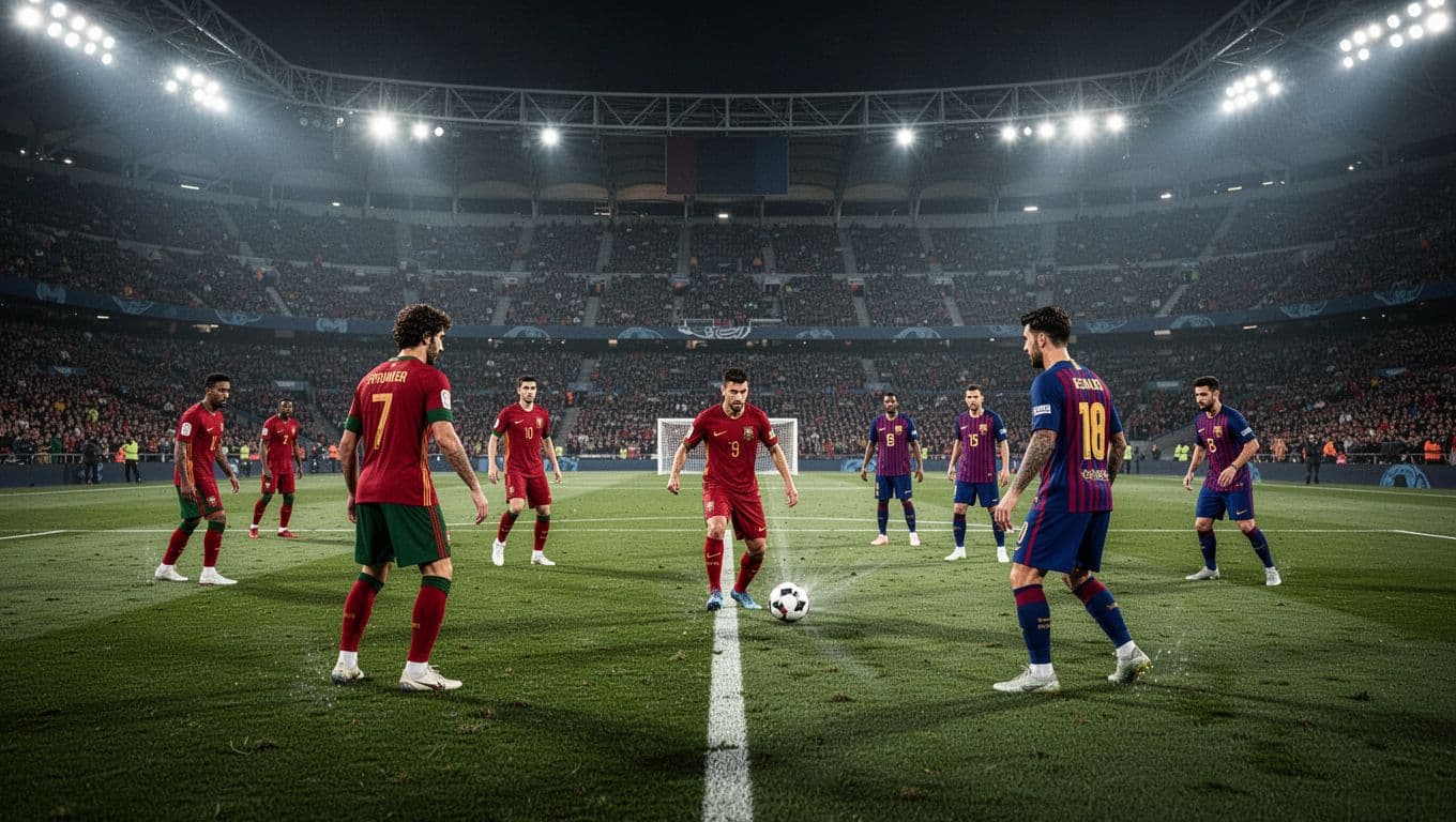 Pemain dari tim Portugal berkostum merah berhadapan dengan lawan berseragam merah-biru di lapangan hijau yang luas. Fokus tertuju pada gelandang yang sedang mengatur bola di tengah stadion yang megah dan terang.