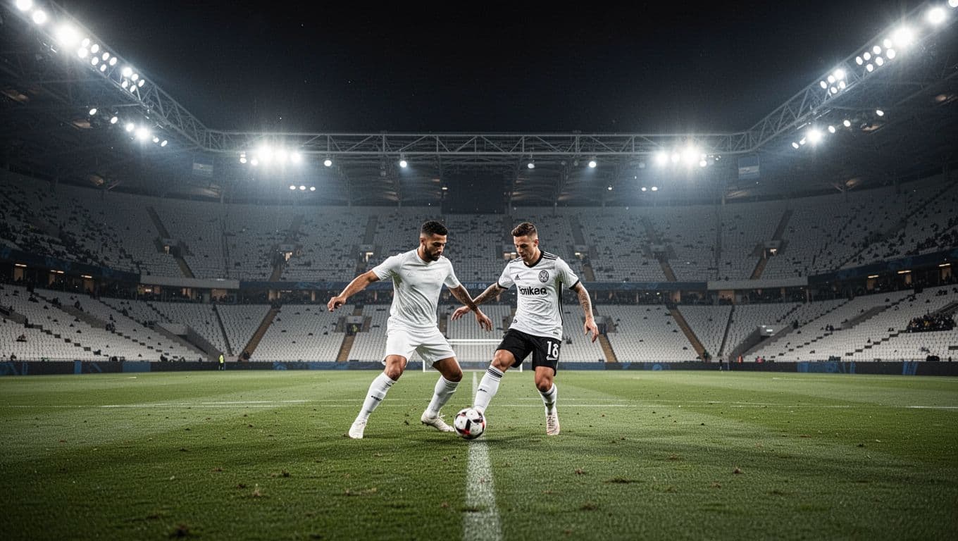 Dua pesepak bola mengenakan seragam putih serta putih hitam sedang berebut bola di tengah lapangan stadion besar. Lampu sorot raksasa menerangi arena pertandingan yang gelap di bawah langit malam yang jernih.